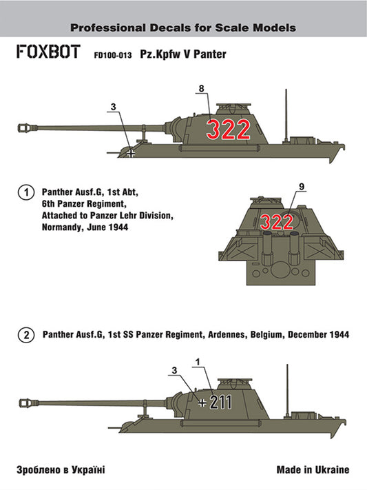 FOXBOT product # 100-013 1/100 German Pz.Kpfw V Panther, Foxbot Decals - 1/100