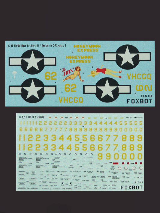 FOXBOT product # 72-019, 1/72 Douglas C-47 Skytrain/Dakota "Pin-Up Nose Art and Stencils" Part # 3
