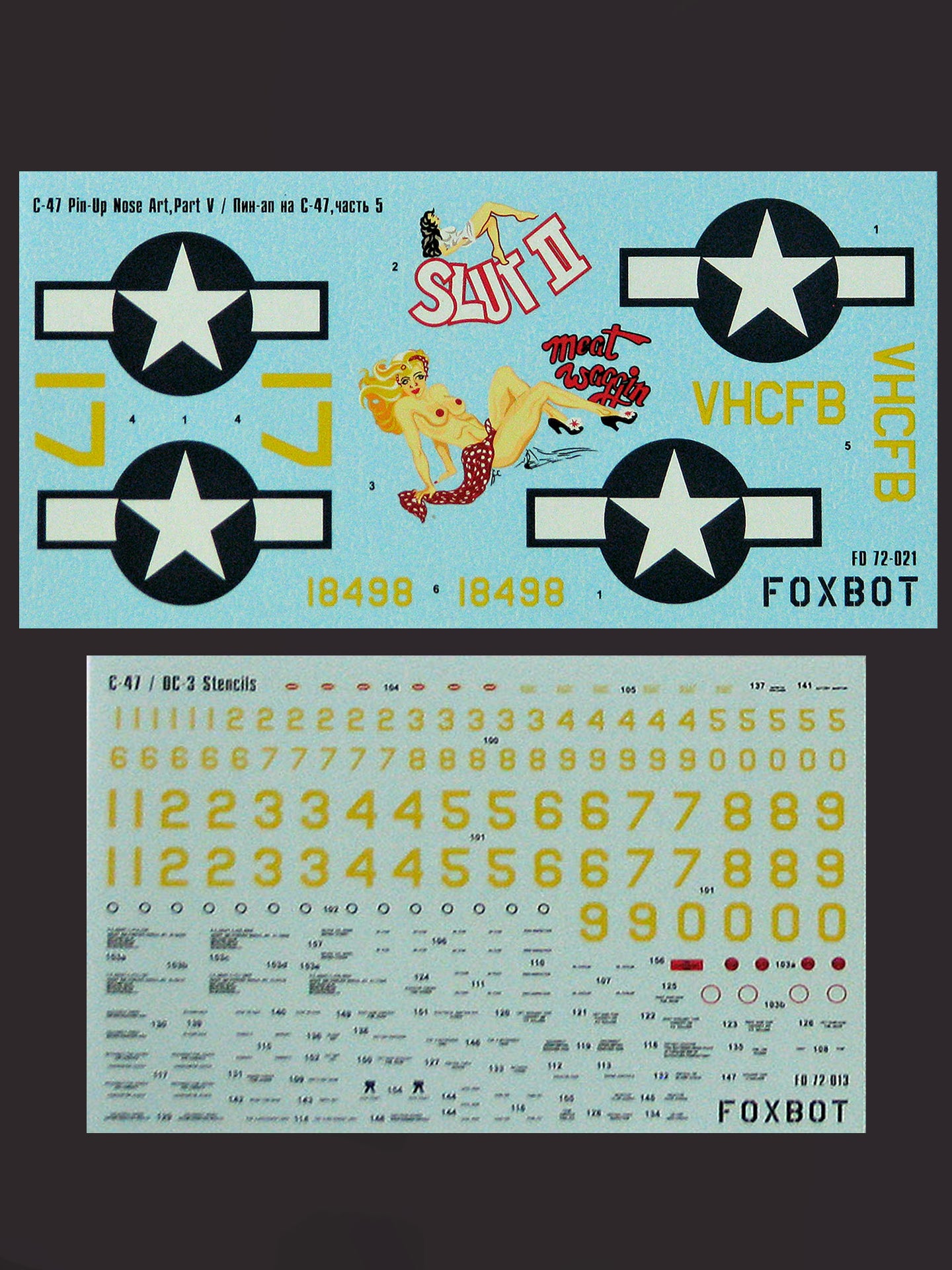 FOXBOT product # 72-021, 1/72 C-47 Skytrain/Dakota "Pin-Up Nose Art and Stencils" Part # 5