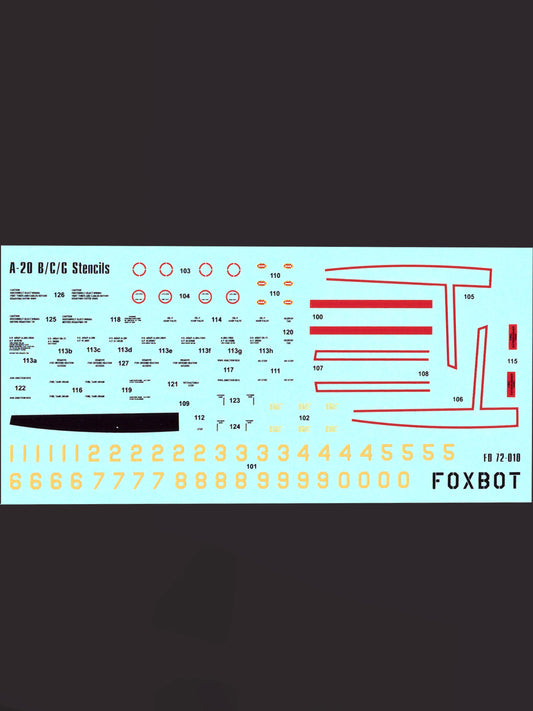 FOXBOT product # 72-010, 1/72 Stencils for Douglas A-20B/C/G Boston