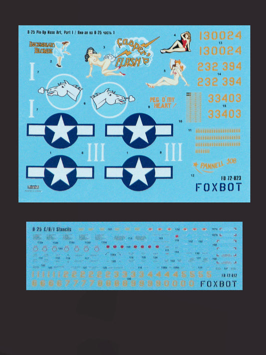 FOXBOT product # 72-023, 1/72 North American B-25C/D Mitchell "Pin-Up Nose Art and Stencils" Part # 1