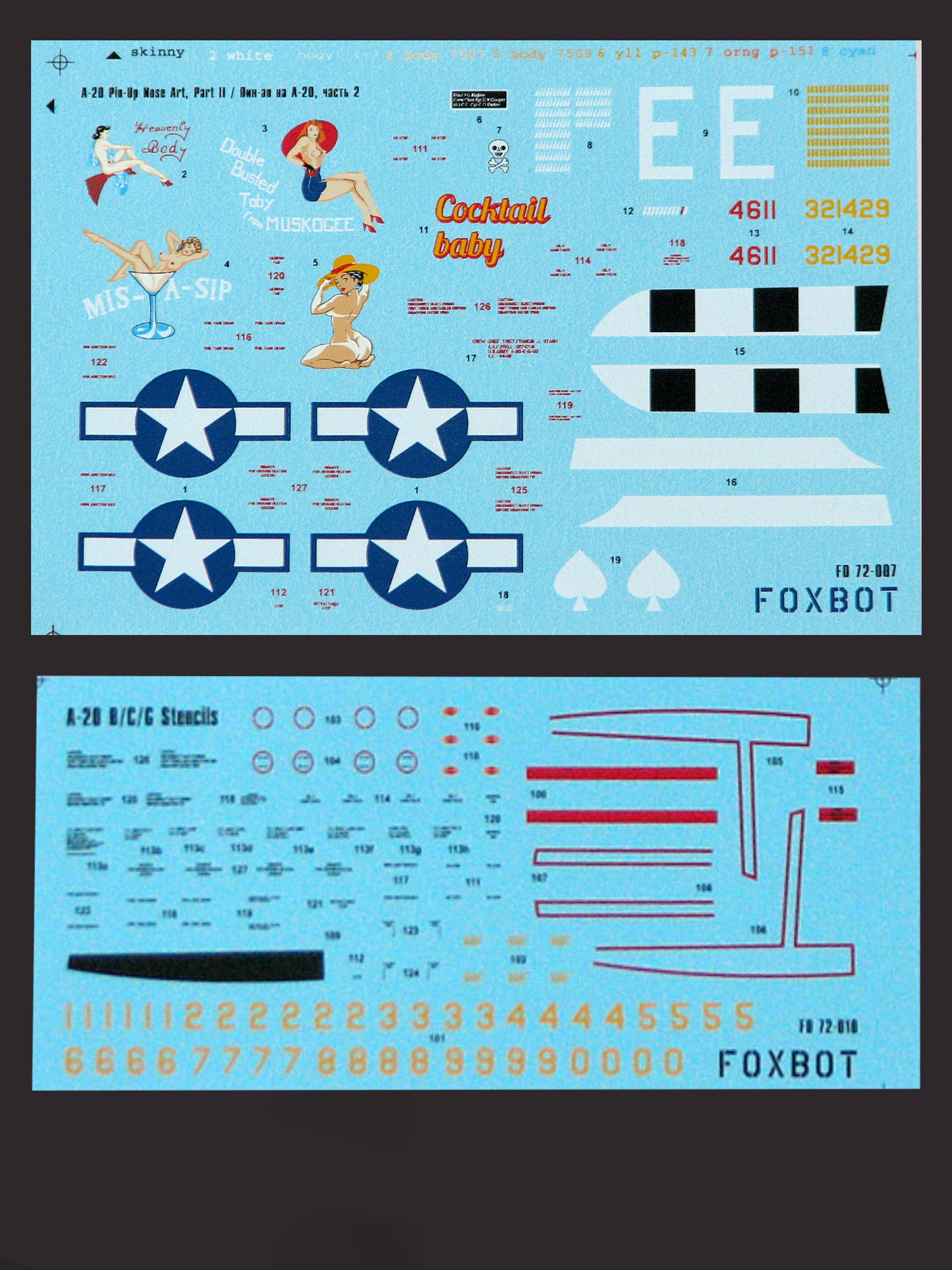 FOXBOT product # 72-007, 1/72 Douglas A-20 Boston "Pin-Up Nose Art and Stencils" Part # 2