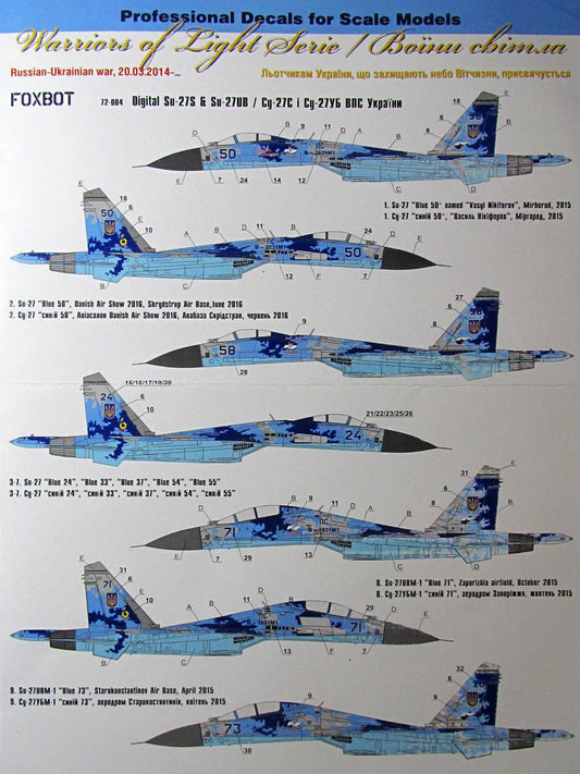 FOXBOT product # 72-004, 1/72 Sukhoi Su-27S & Su-27UB Ukrainian Air Forces, digital camouflage (re-print Sep. 2024)
