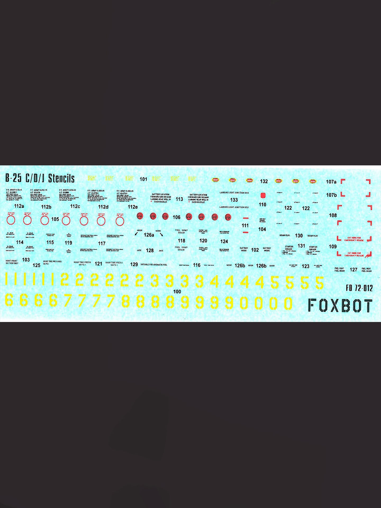 FOXBOT product # 72-012, 1/72 Stencils for North American B-25 C/D/J Mitchell