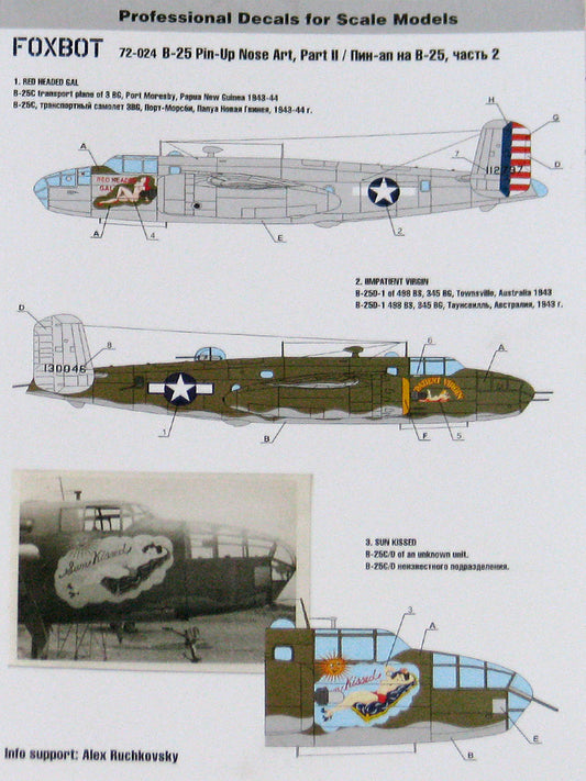 FOXBOT product # 72-024, 1/72 North American B-25C/D Mitchell "Pin-Up Nose Art and Stencils" Part # 2