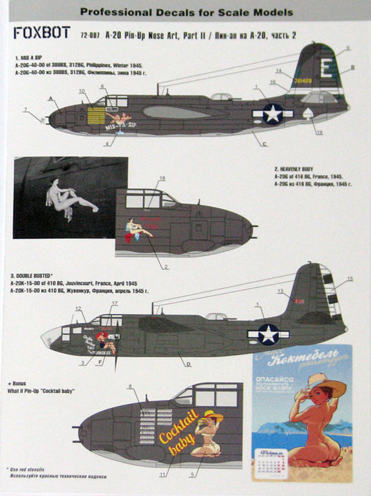 FOXBOT product # 72-007, 1/72 Douglas A-20 Boston "Pin-Up Nose Art and Stencils" Part # 2