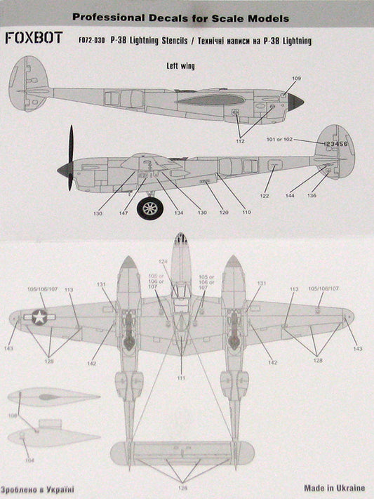 FOXBOT product # 72-030, 1/72 Stencils for P-38 Lightning