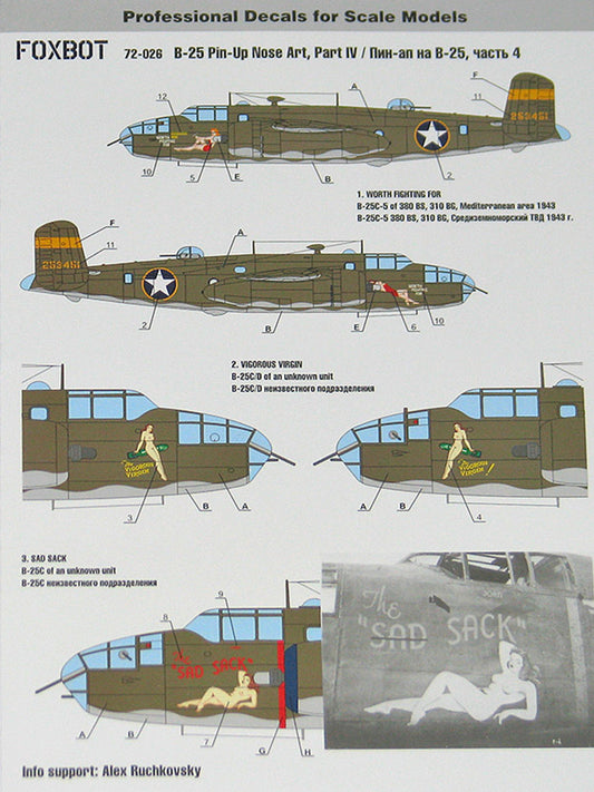 FOXBOT product # 72-026, 1/72 North American B-25C/D Mitchell "Pin-Up Nose Art and Stencils" Part # 4