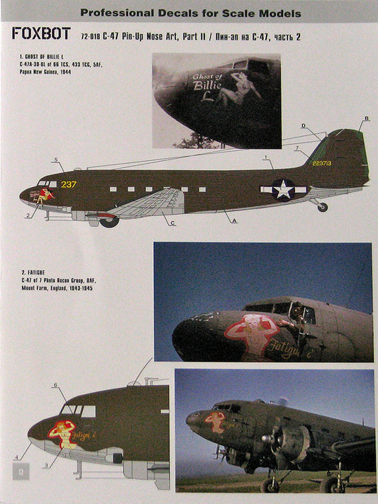 FOXBOT product # 72-018, 1/72 Douglas C-47 Skytrain/Dakota "Pin-Up Nose Art and Stencils" Part # 2