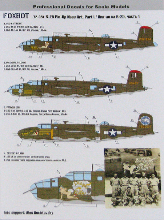 FOXBOT product # 72-023, 1/72 North American B-25C/D Mitchell "Pin-Up Nose Art and Stencils" Part # 1