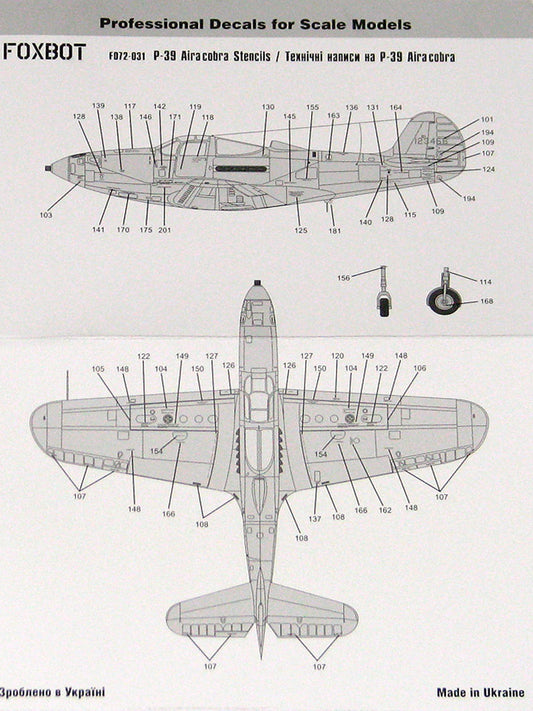 FOXBOT product # 72-031, 1/72 Stencils for P-39 Airacobra
