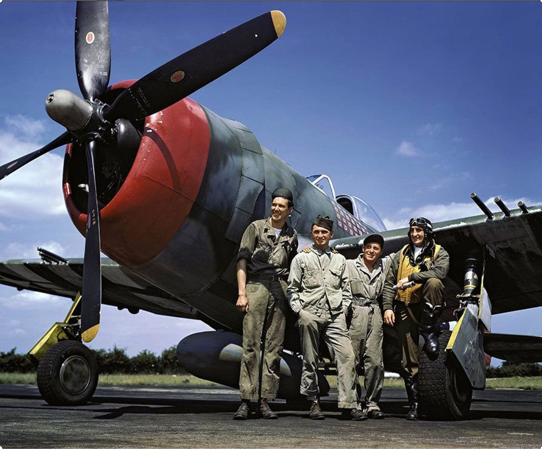 Francis Gabreski and his ground crew in the background of his P-47D-25-RE Thunderbolt s/n 42-26418, RAF Boxted, June 1944.