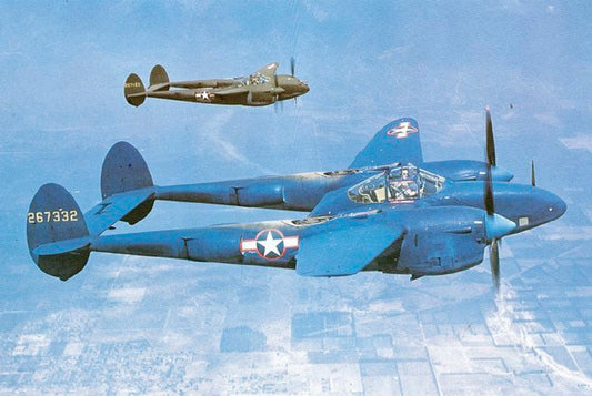 synthetic haze Lockheed f-5 and olive drab p-38 in flight
