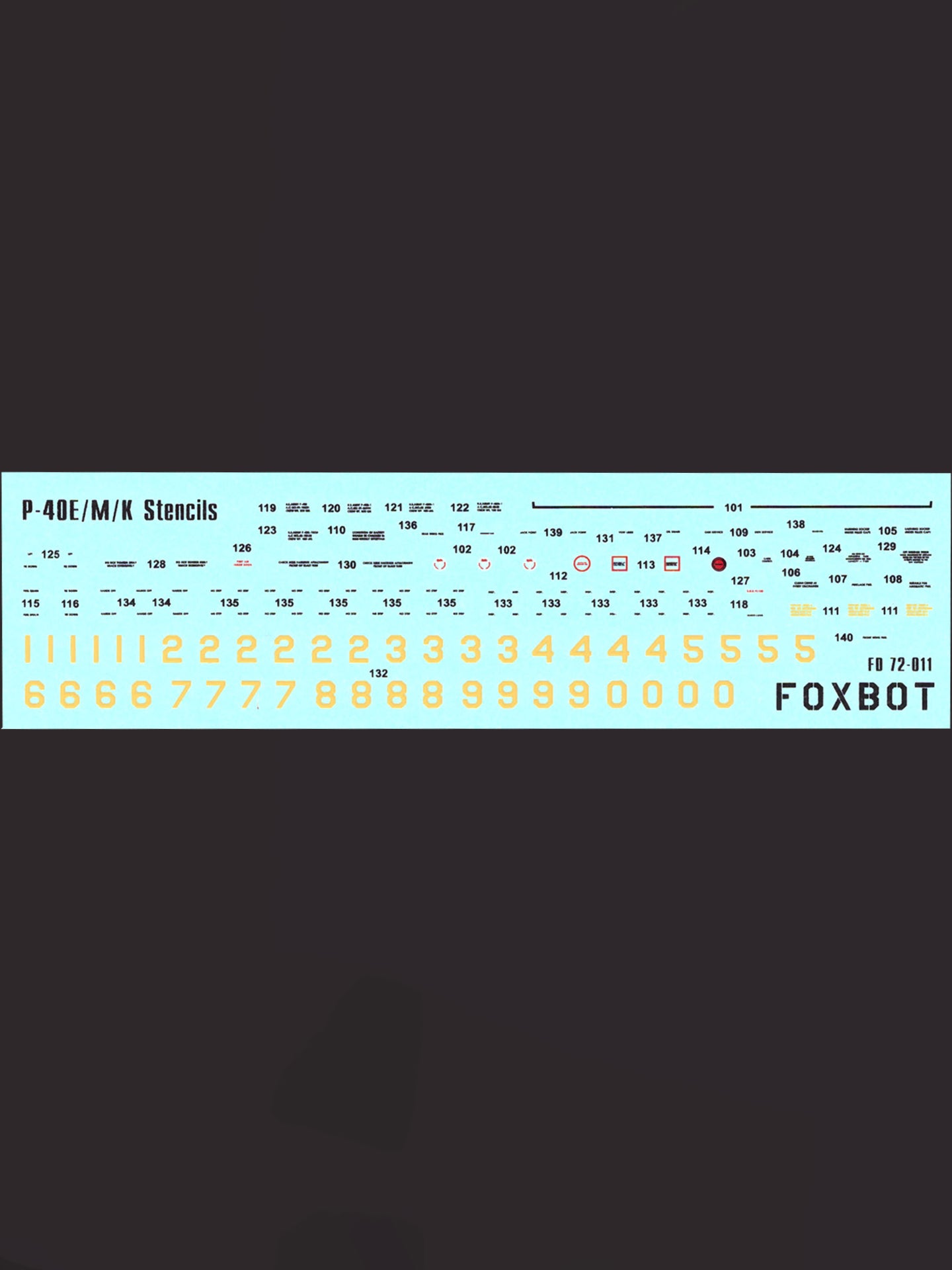 FOXBOT product # 72-011, 1/72 Stencils for Curtiss P-40E/M/K