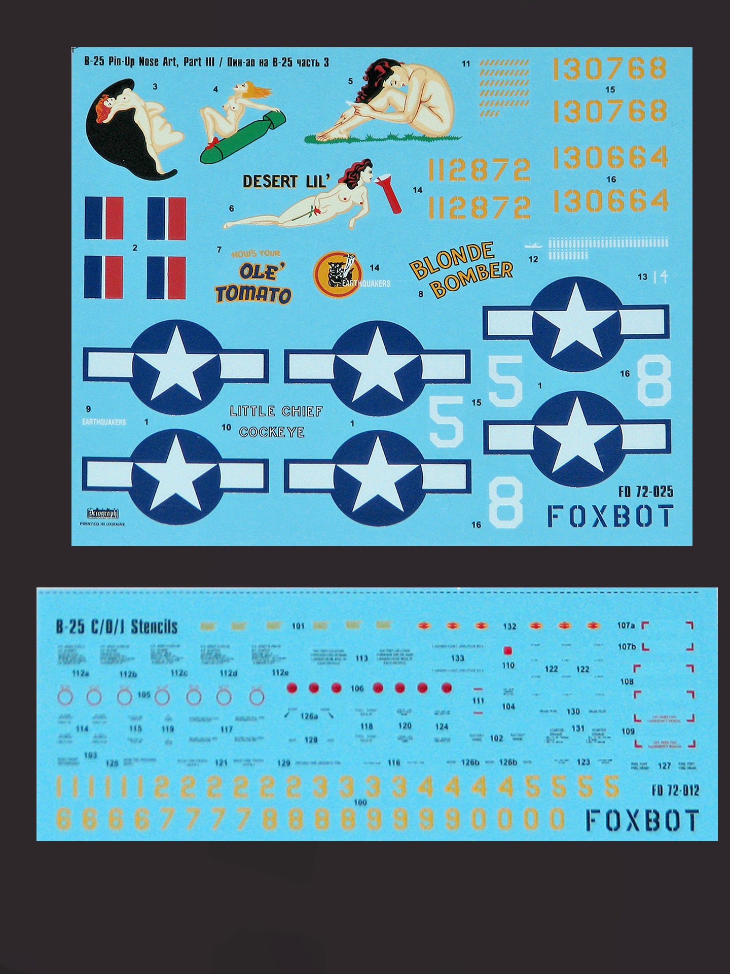 FOXBOT product # 72-025, 1/72 North American B-25C/D Mitchell  "Pin-Up Nose Art and Stencils" Part # 3
