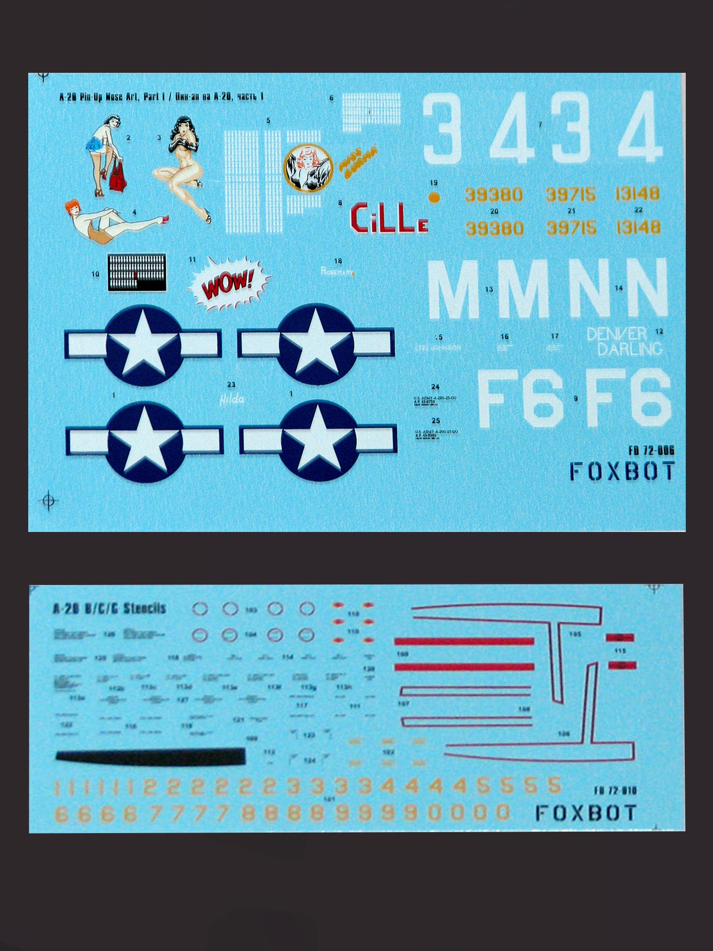 FOXBOT product # 72-006, 1/72 Douglas A-20 Boston "Pin-Up Nose Art and Stencils" Part # 1