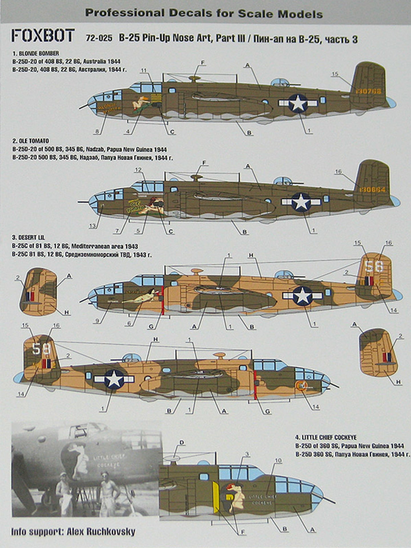 FOXBOT product # 72-025, 1/72 North American B-25C/D Mitchell  "Pin-Up Nose Art and Stencils" Part # 3
