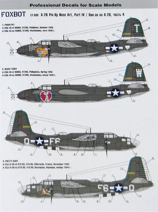 FOXBOT product # 72-009, 1/72 Douglas A-20 Boston "Pin-Up Nose Art and Stencils" Part # 4