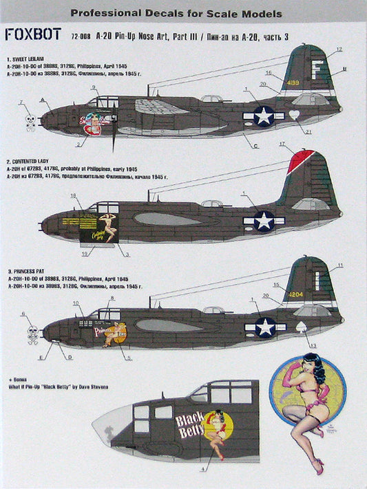 FOXBOT product # 72-008, 1/72 Douglas A-20 Boston "Pin-Up Nose Art and Stencils" Part # 3