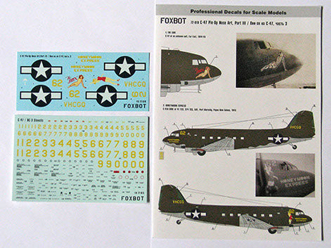 FOXBOT product # 72-019 1/72 Douglas C-47 Skytrain/Dakota  "Pin-Up Nose Art and Stencils" Part # 3, Foxbot Decals -  1/72