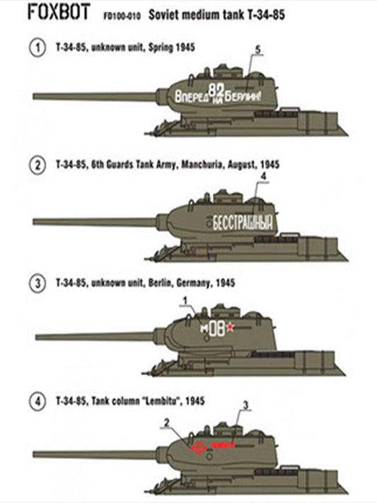 FOXBOT product # 100-010,  1/100 Soviet T-34/85, Foxbot Decals -  1/100