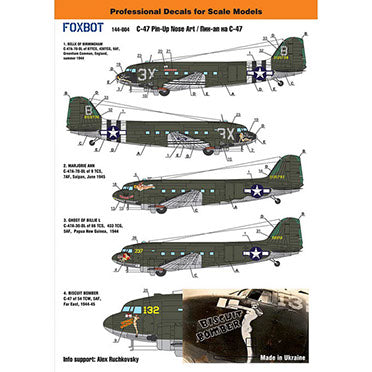 FOXBOT product # 144-004 1/144 Douglas C-47 Skytrain/Dakota "Pin-Up Nose Art", Foxbot Decals -  1/144
