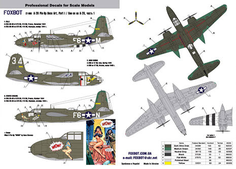 FOXBOT product # 72-006 1/72 Douglas A-20 Boston "Pin-Up Nose Art and Stencils" Part # 1 , Foxbot Decals -  1/72