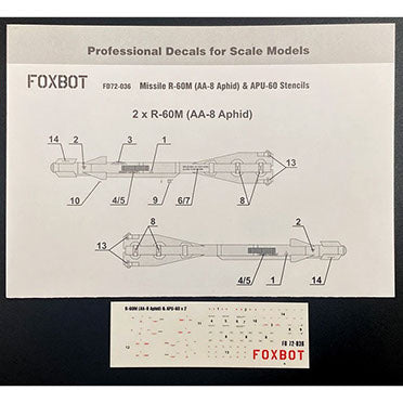FOXBOT product # 72-036  1/72 Stencils for R-60M (AA-8 Aphid) & APU-60, Foxbot Decals -  1/72