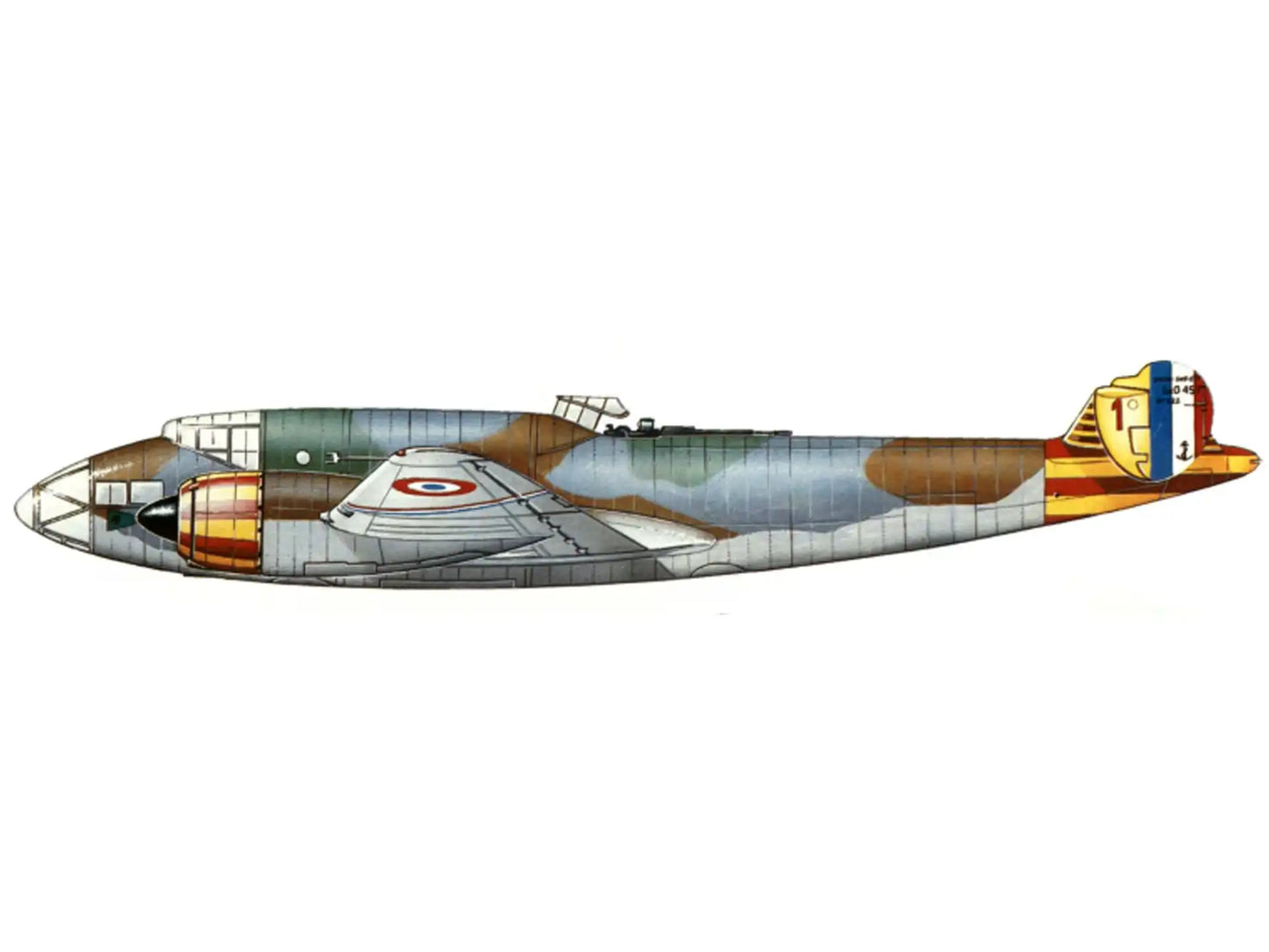 Color profile of the Lioré et Olivier LeO 451, No. 222, 'Red 1', Escadrille 6B, Flottille 4F, Vichy French Naval Aviation, Oran, Algeria, 1942